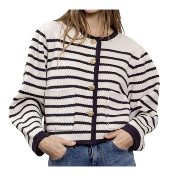 Anthropology Moon River Striped Button Front Preppy Knit‎ Cardigan Sweater Sz M - Picture 1 of 9